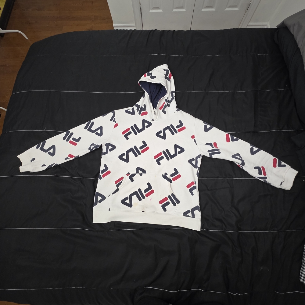Fila White Hoodie with Bold Red and Black Logo Design